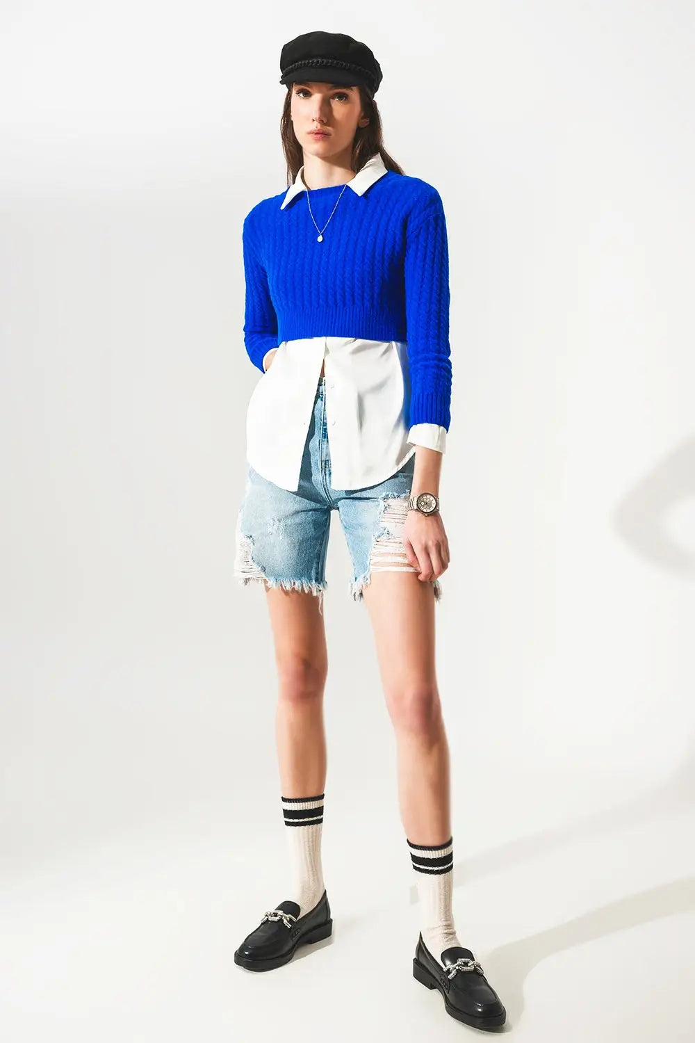 Round neck cable knit crop jumper in blue - Sweaters