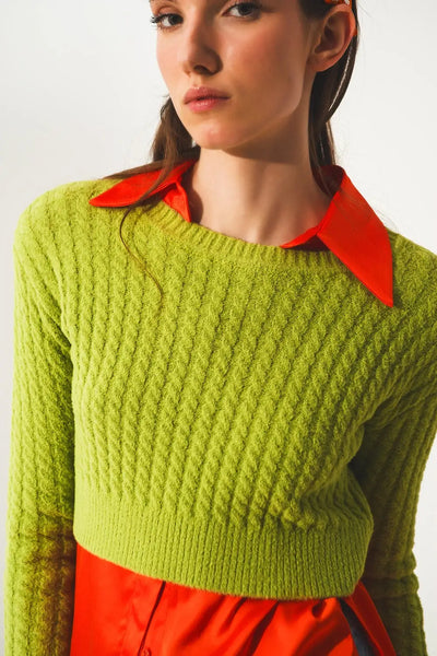 Round neck cable knit crop jumper in lime green - Sweaters