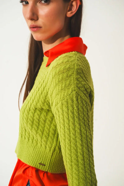Round neck cable knit crop jumper in lime green - Sweaters