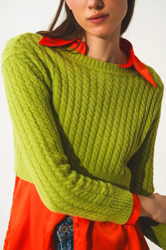 Round neck cable knit crop jumper in lime green - Sweaters