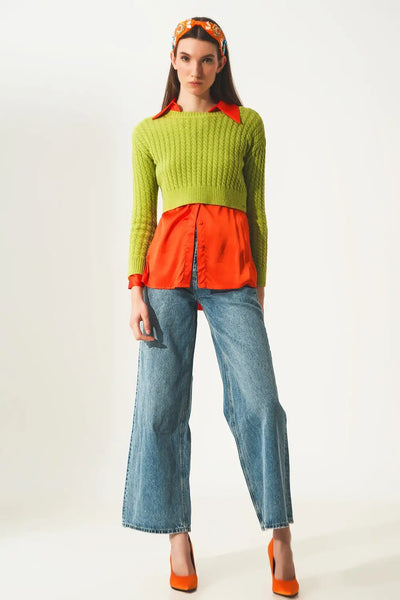 Round neck cable knit crop jumper in lime green - Sweaters