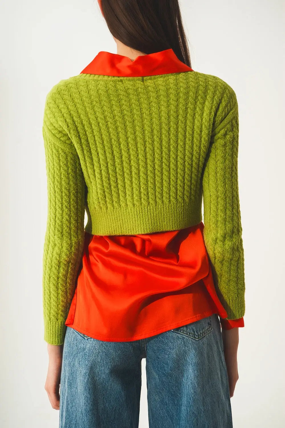 Round neck cable knit crop jumper in lime green - Sweaters