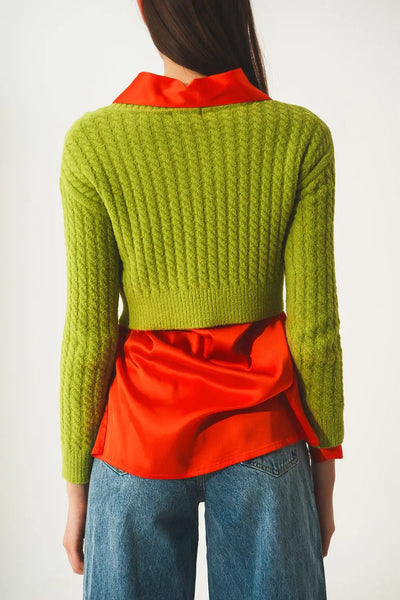 Round neck cable knit crop jumper in lime green - Sweaters