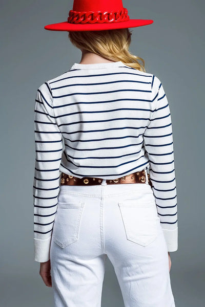 Round neck jumper in navy stripe - Sweaters
