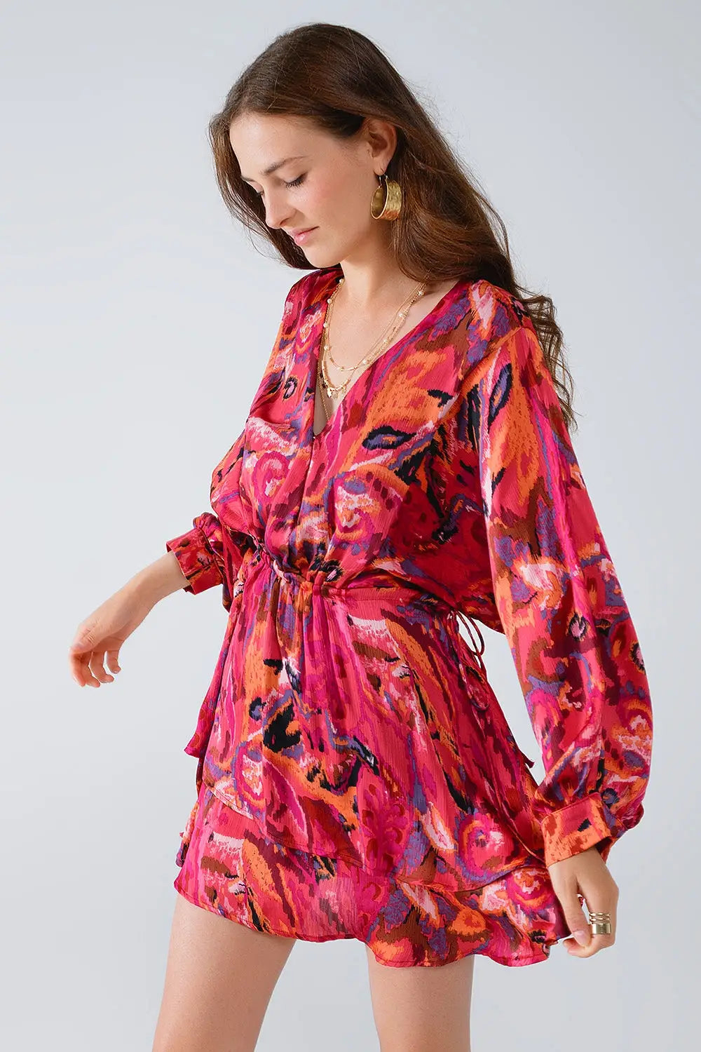Ruched Dress In Multicolor Animal Print With Long Sleeves - Dresses