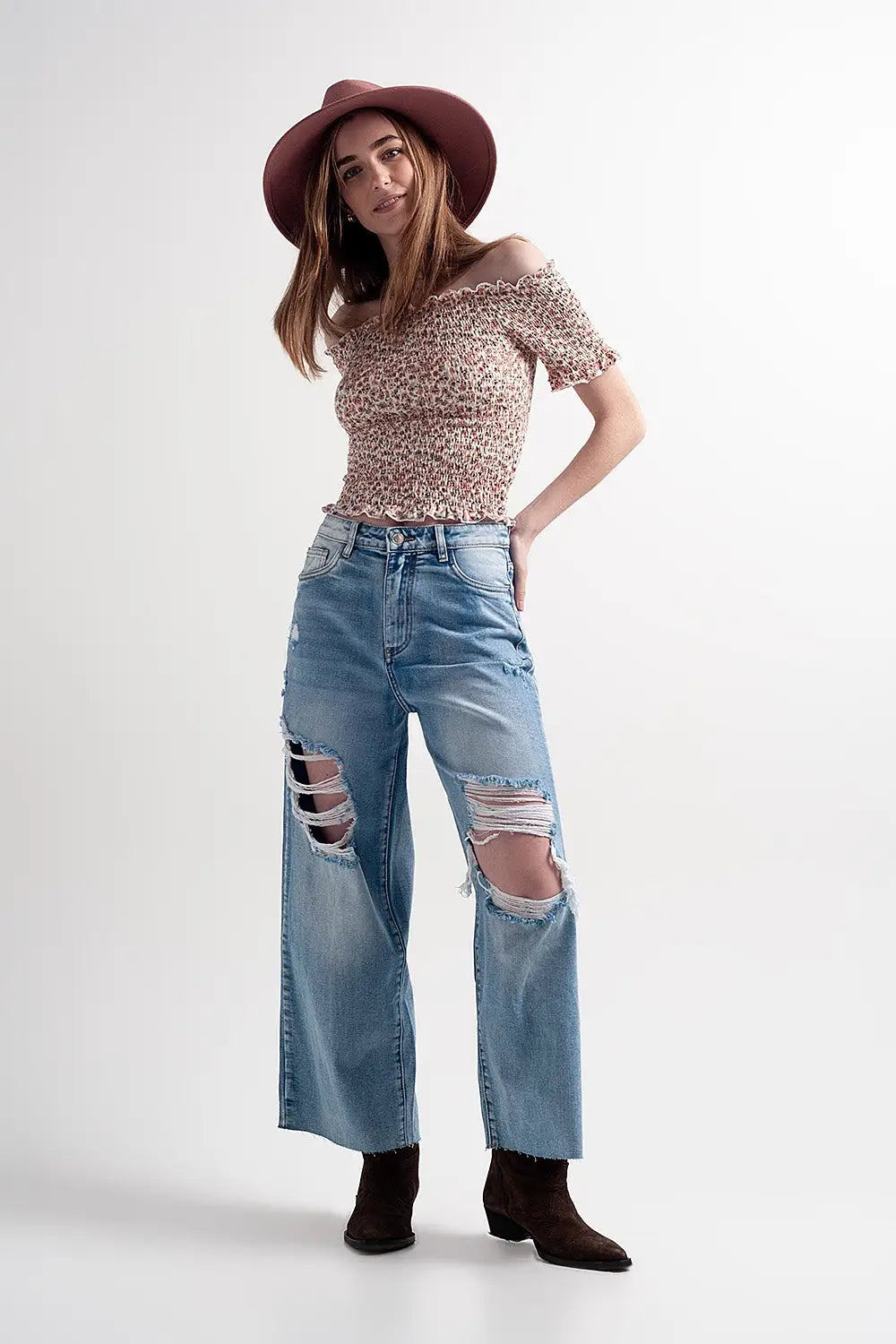 Ruched top in pink ditsy floral - Tops