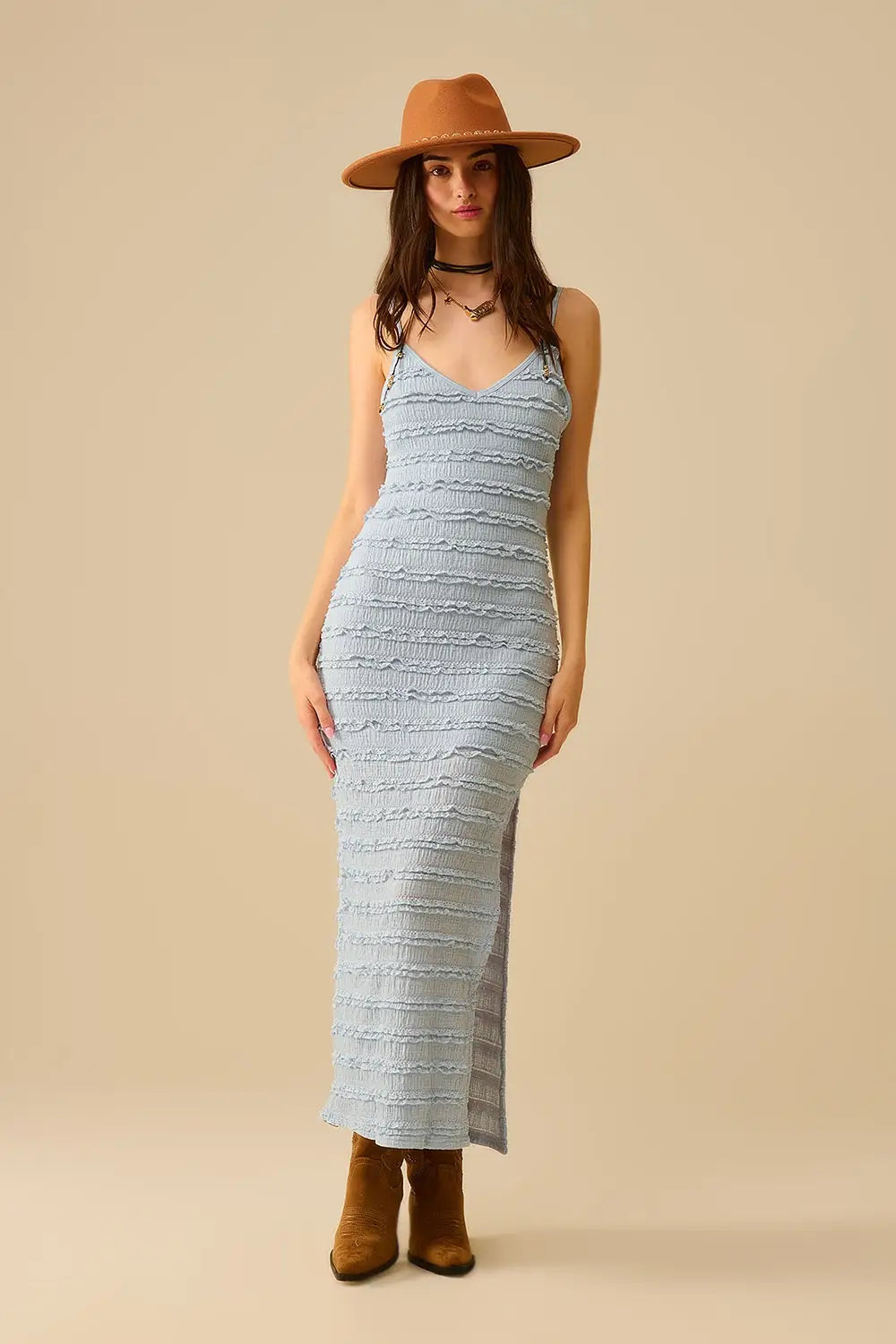 Q2 Ruffle Maxi Dress With Slit in blue color