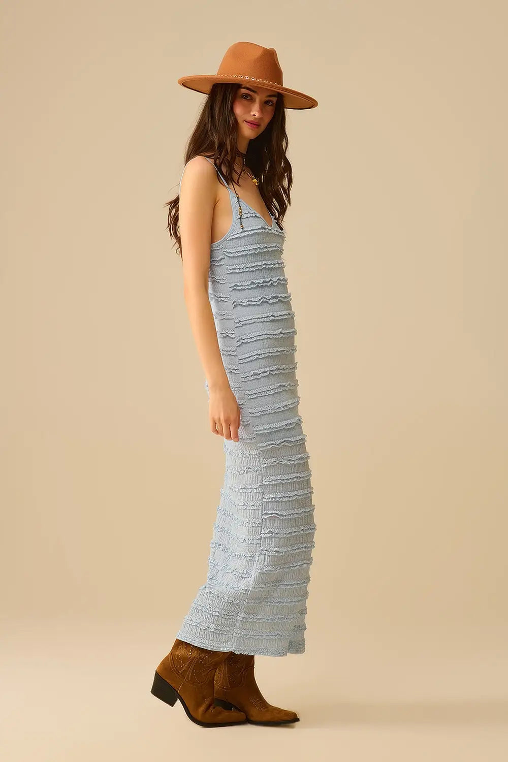 Ruffle Maxi Dress With Slit in blue color - Dresses