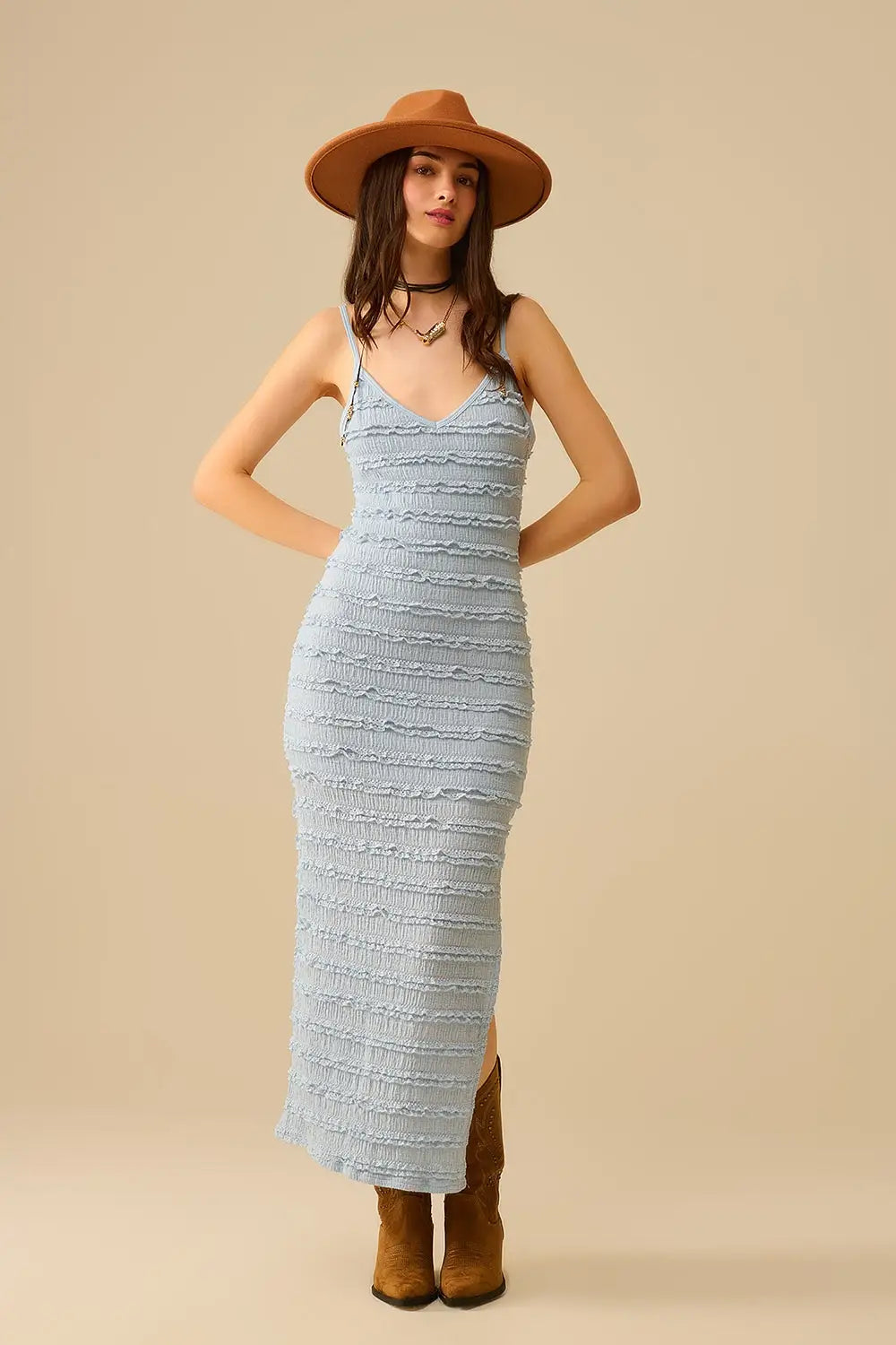 Ruffle Maxi Dress With Slit in blue color - Dresses