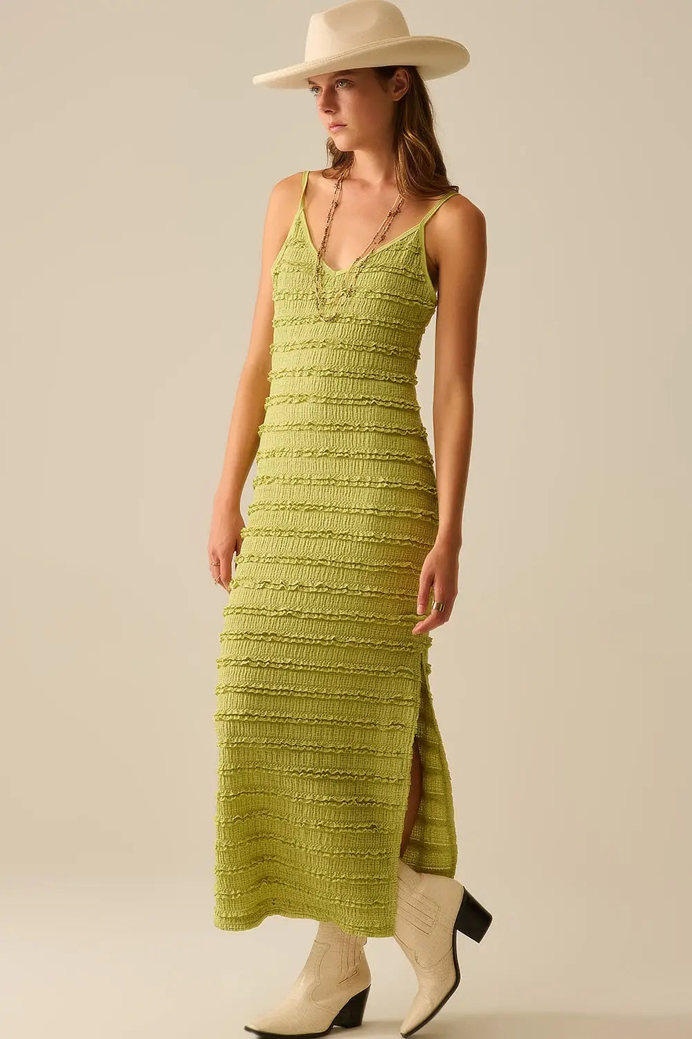 Q2 Ruffle Maxi Dress With Slit in Green color