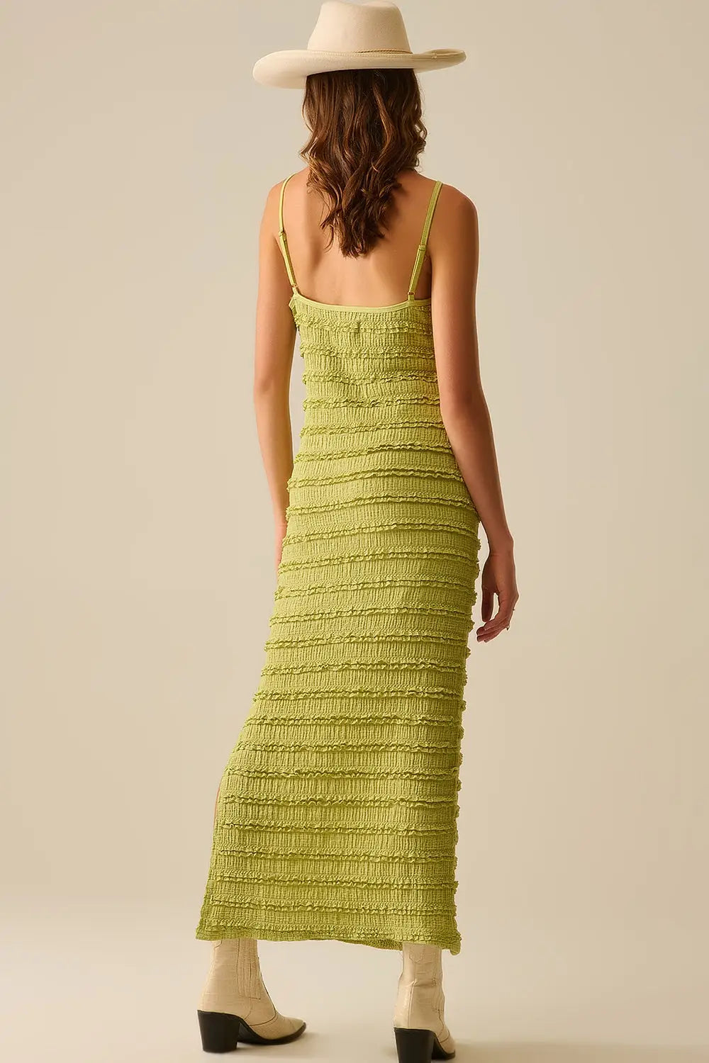 Ruffle Maxi Dress With Slit in Green color - Dresses