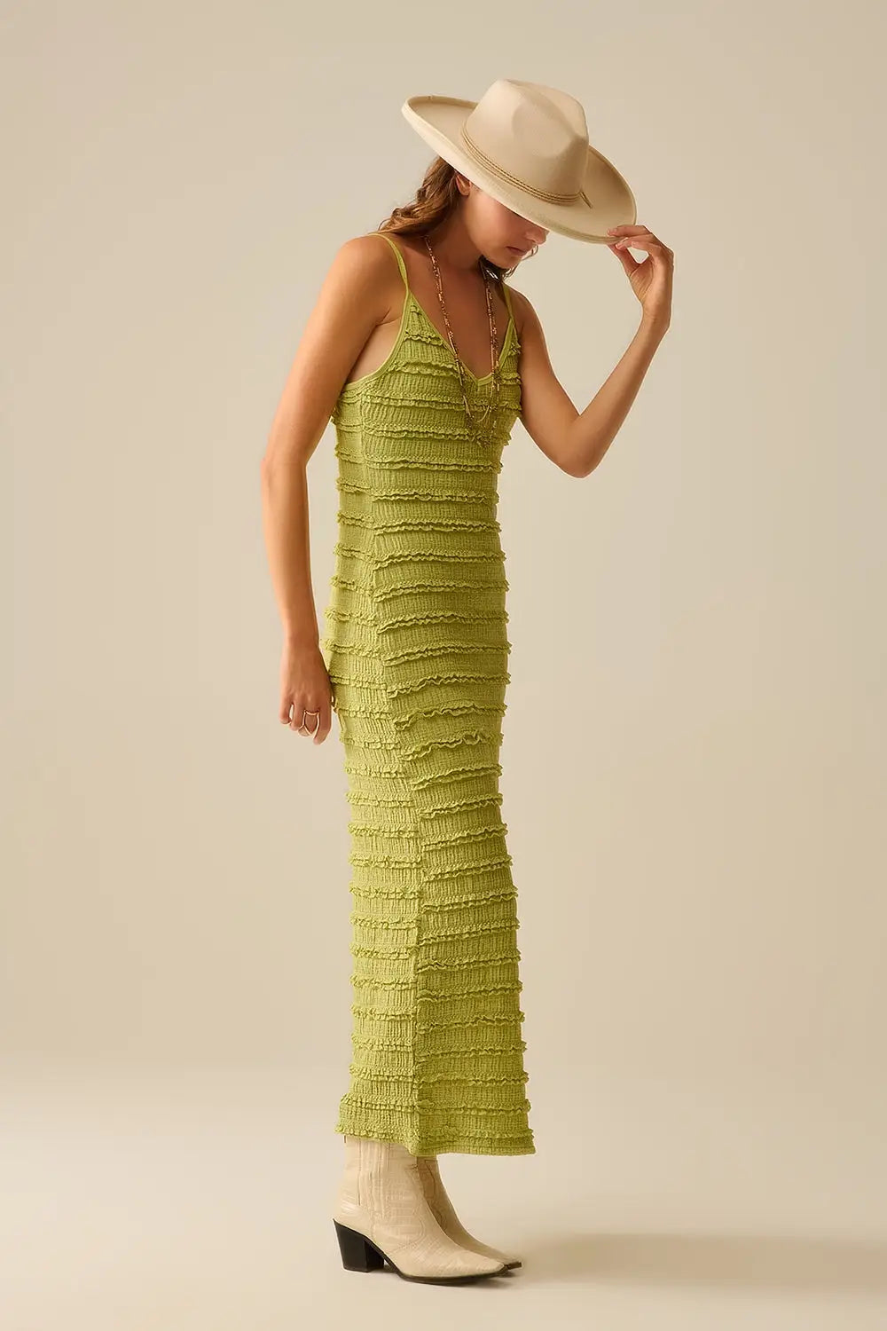 Ruffle Maxi Dress With Slit in Green color - Dresses