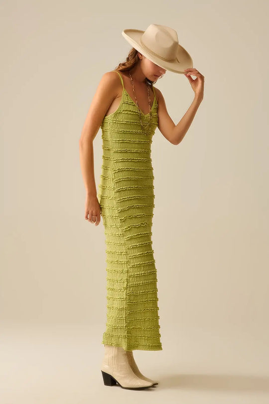 Ruffle Maxi Dress With Slit in Green color - Dresses