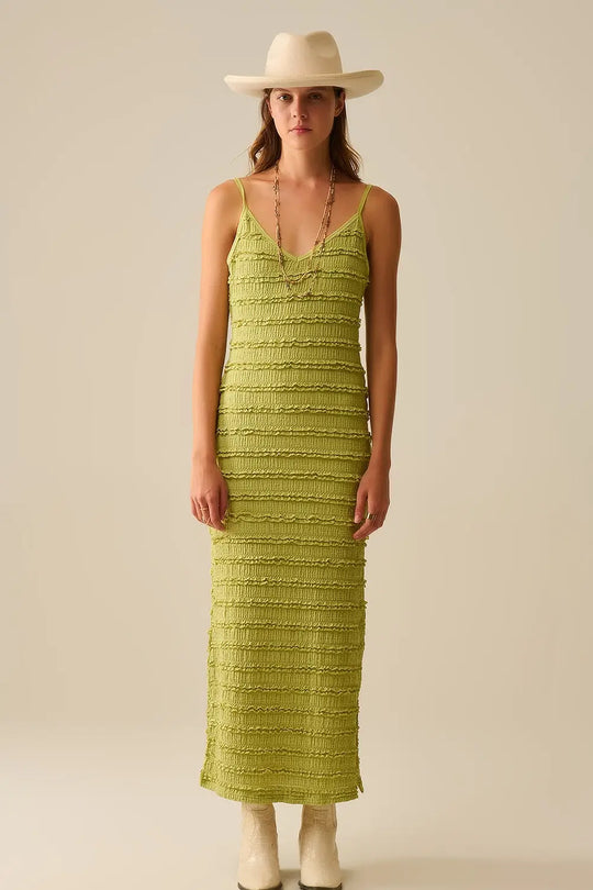 Ruffle Maxi Dress With Slit in Green color - Dresses