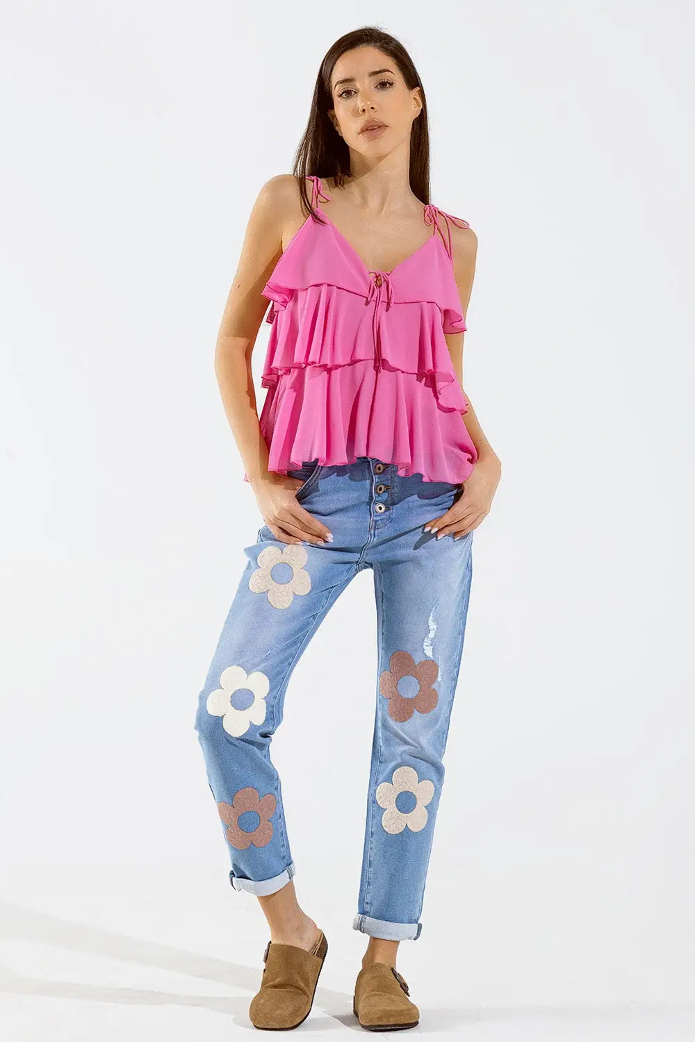 Ruffle Top WIth Thin straps in Fuchsia - Tops