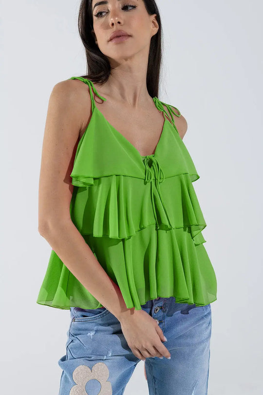Ruffle Top WIth Thin straps in Green - Tops