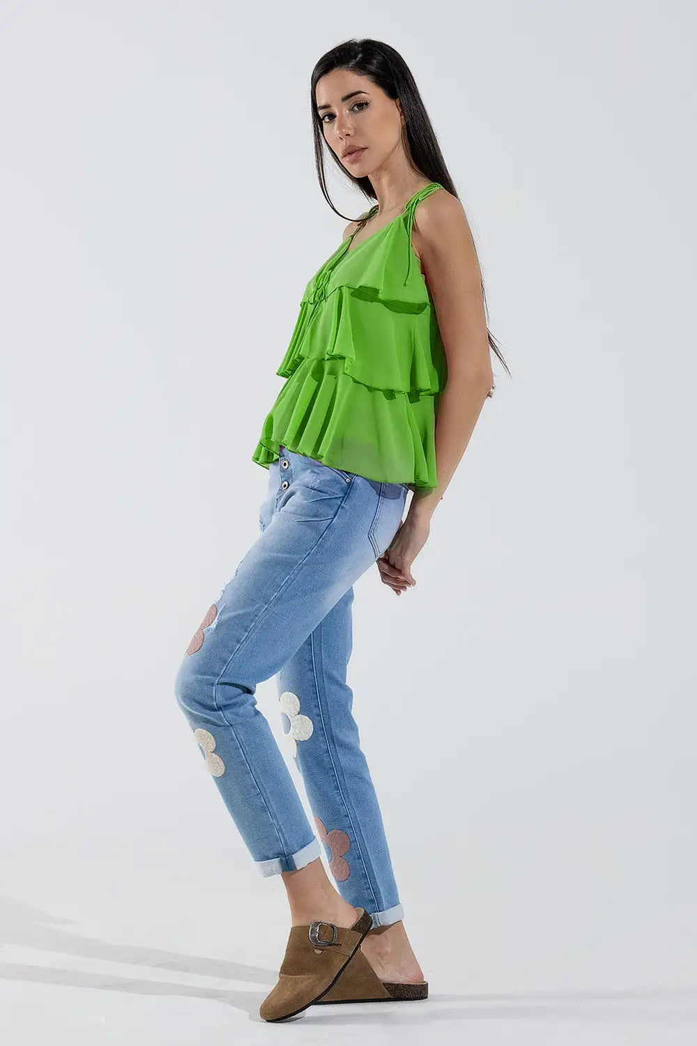 Ruffle Top WIth Thin straps in Green - Tops
