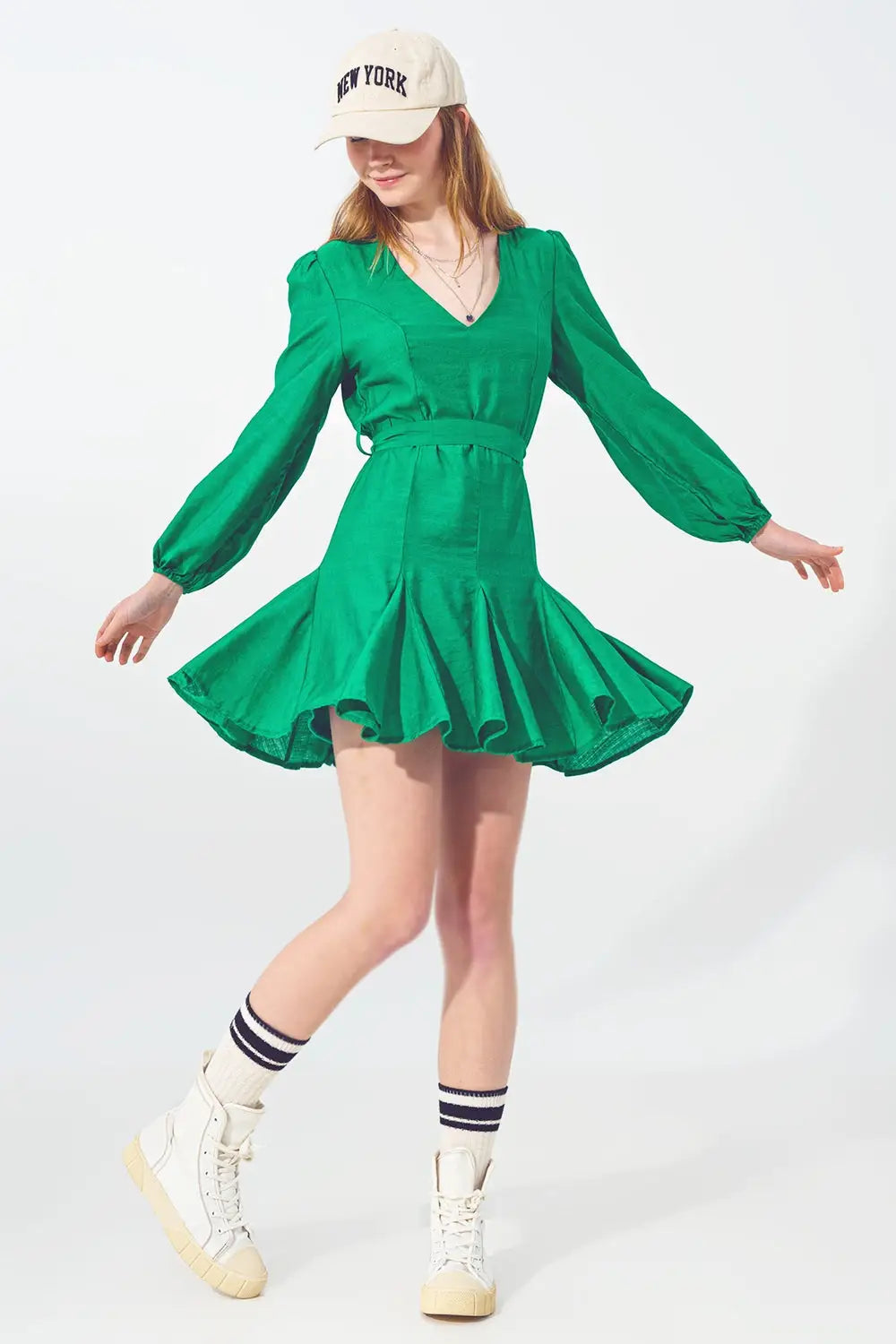 Ruffle V Neck Dress in Green - Dresses