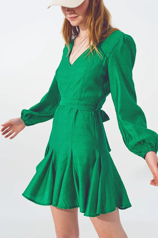 Ruffle V Neck Dress in Green - Dresses