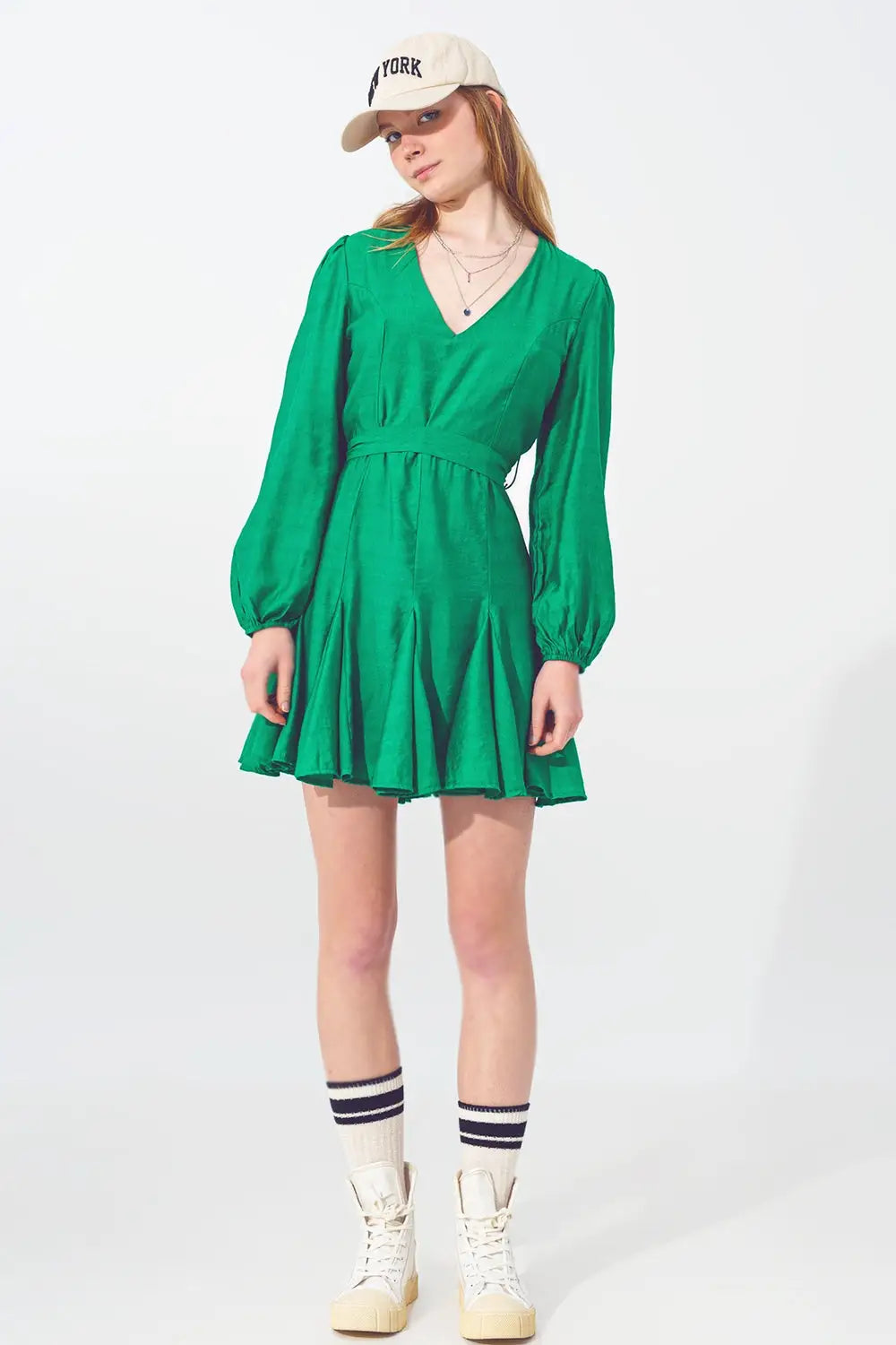 Ruffle V Neck Dress in Green - Dresses