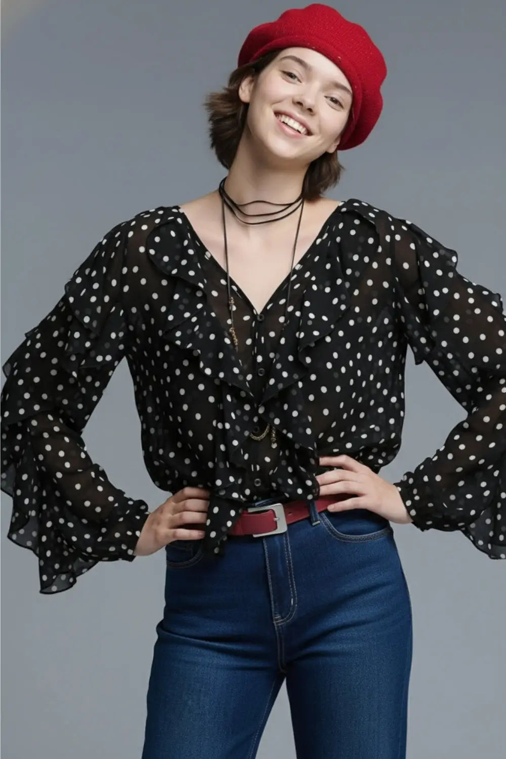 Q2 Ruffled Black Polka-Dot V-Neck Top in chiffon fabric