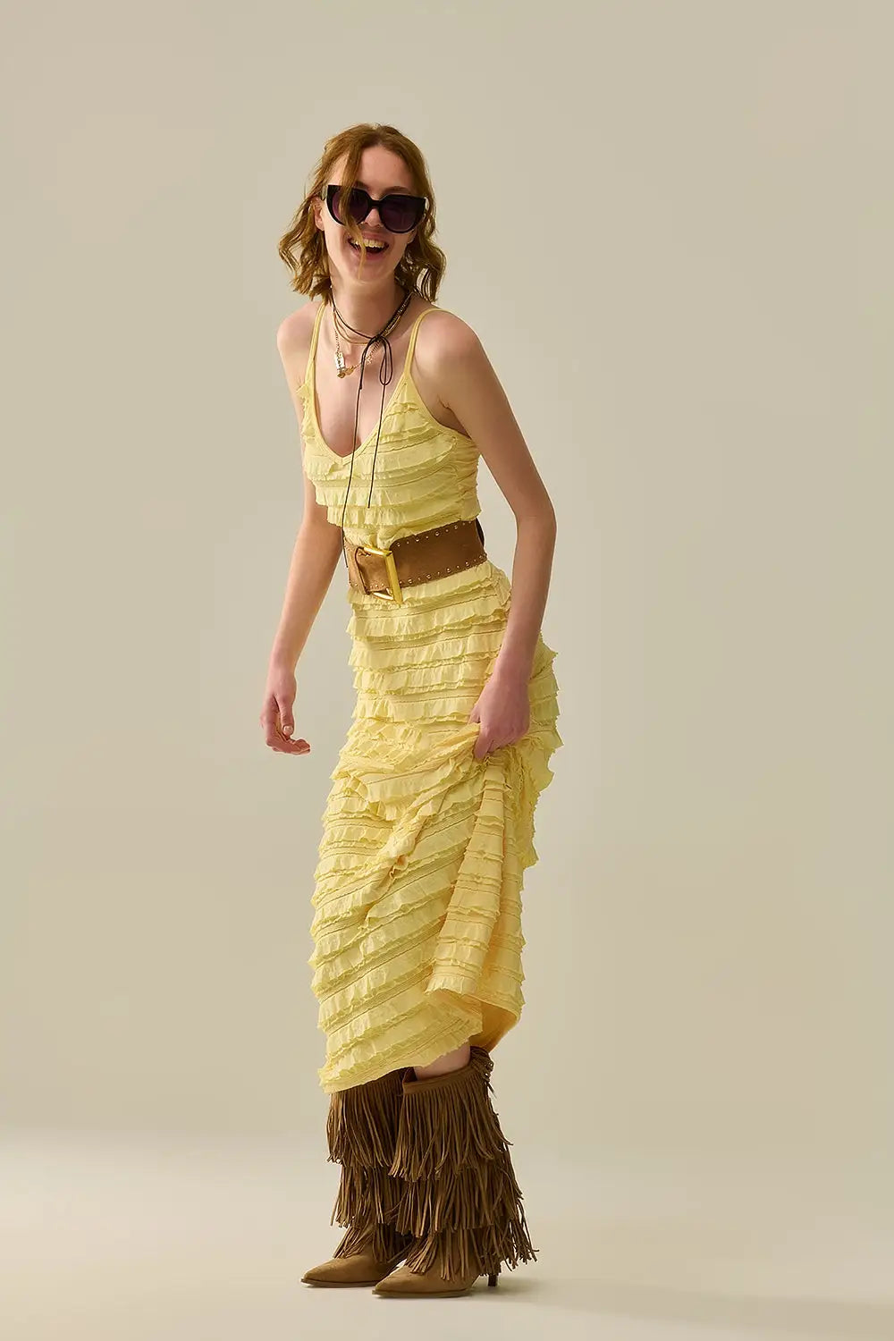 Q2 Ruffled maxi dress in yellow with straps