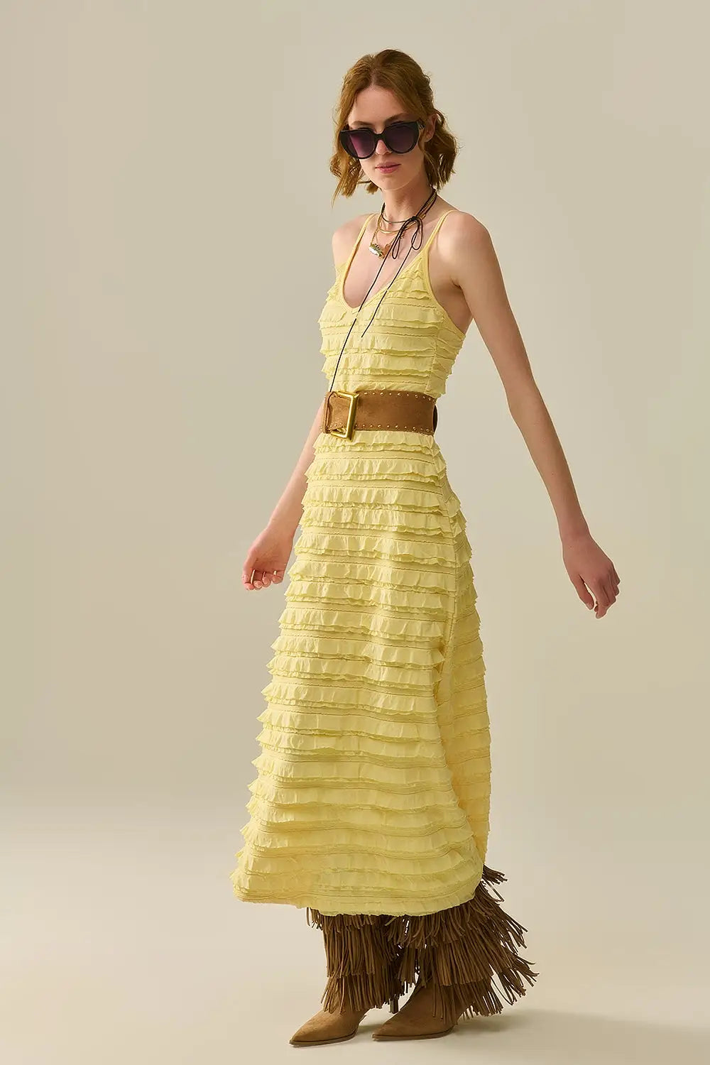 Ruffled maxi dress in yellow with straps - Dresses