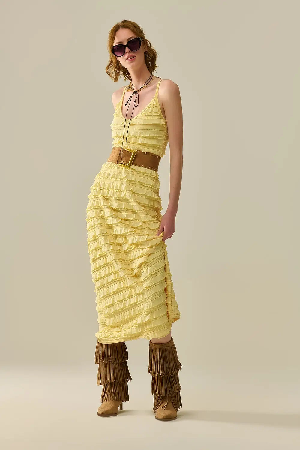 Ruffled maxi dress in yellow with straps - Dresses