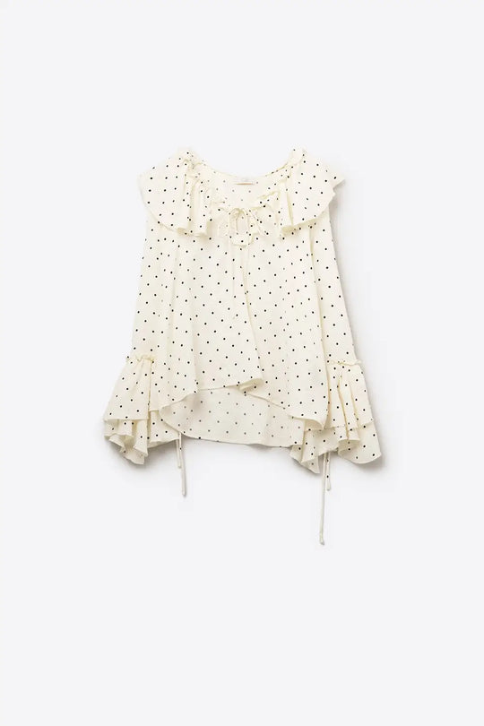 Ruffled Polka-Dot Blouse with Flared Sleeves - Tops