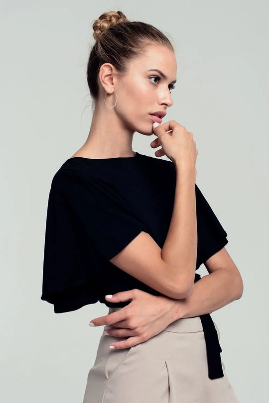 Q2 Ruffled sleeves black crop top with open back and bow detail