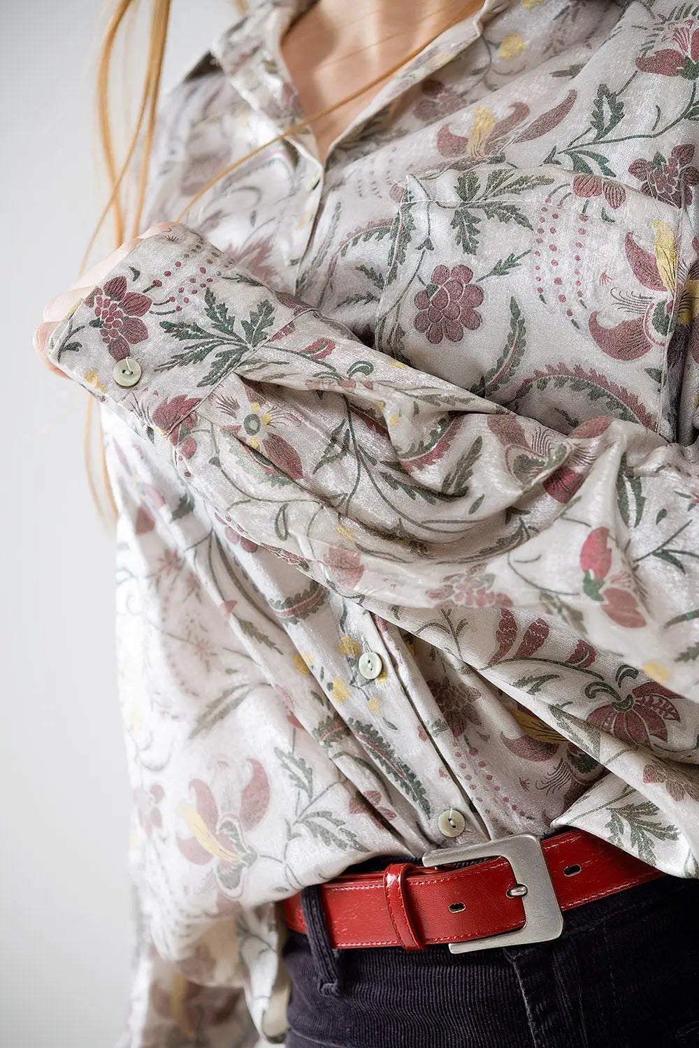 Satin Blouse with Flower Print in Gray - Shirts