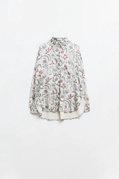 Satin Blouse with Flower Print in Gray - Shirts