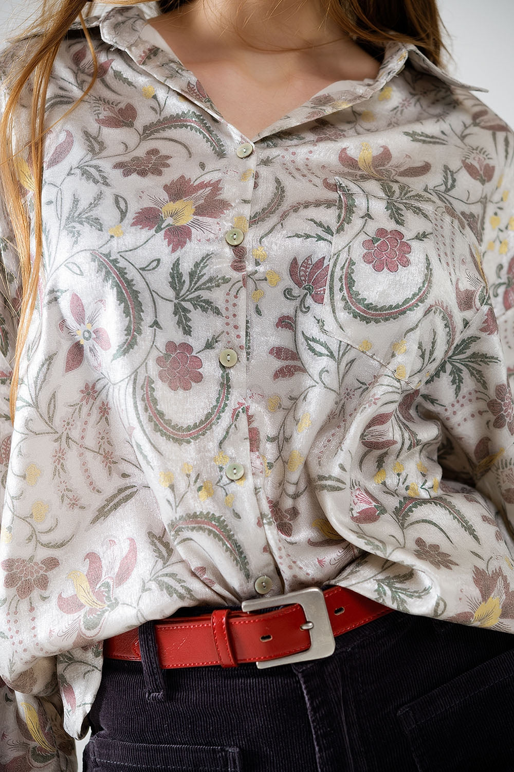 Satin Blouse with Flower Print in Gray