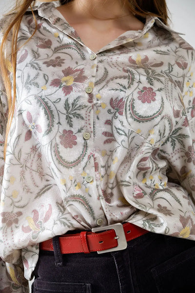 Satin Blouse with Flower Print in Gray - Shirts