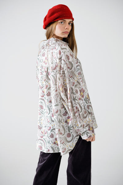 Satin Blouse with Flower Print in Gray