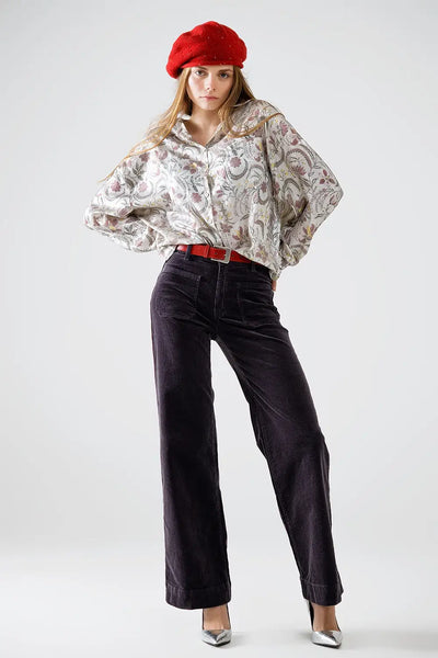 Satin Blouse with Flower Print in Gray - Shirts