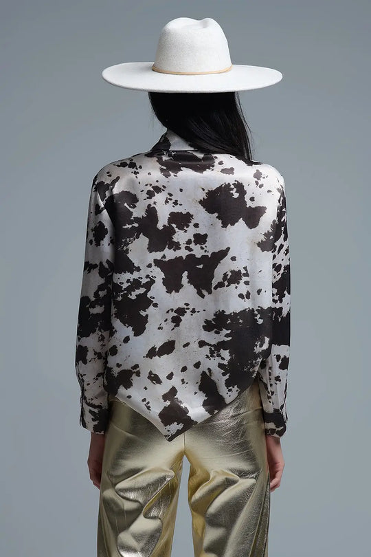 Satin Brown and Cream Cow Print Relaxed Shirt - Shirts