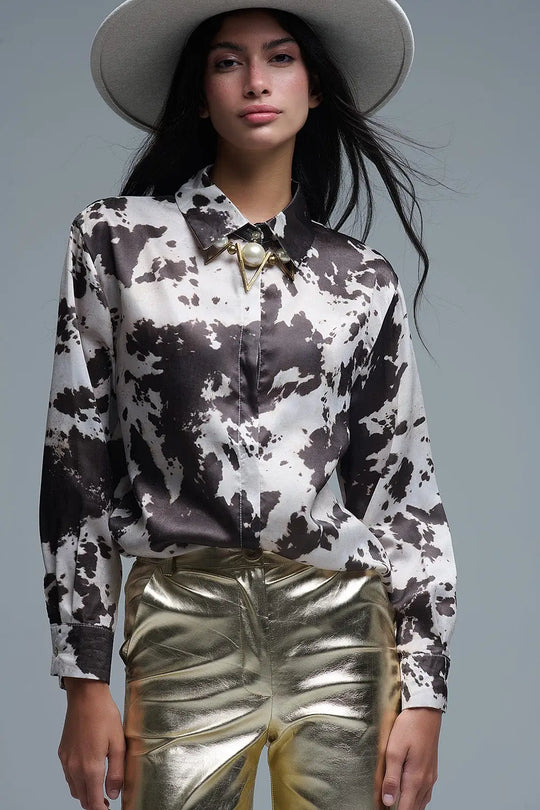 Satin Brown and Cream Cow Print Relaxed Shirt - Shirts