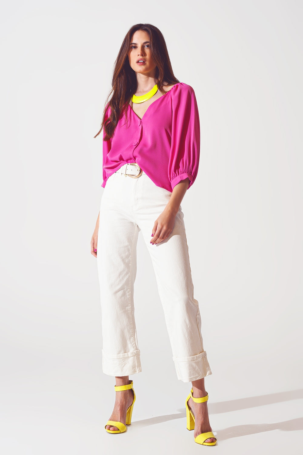 Satin button through shirt in fuchsia