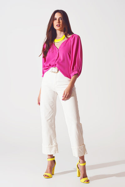 Satin button through shirt in fuchsia