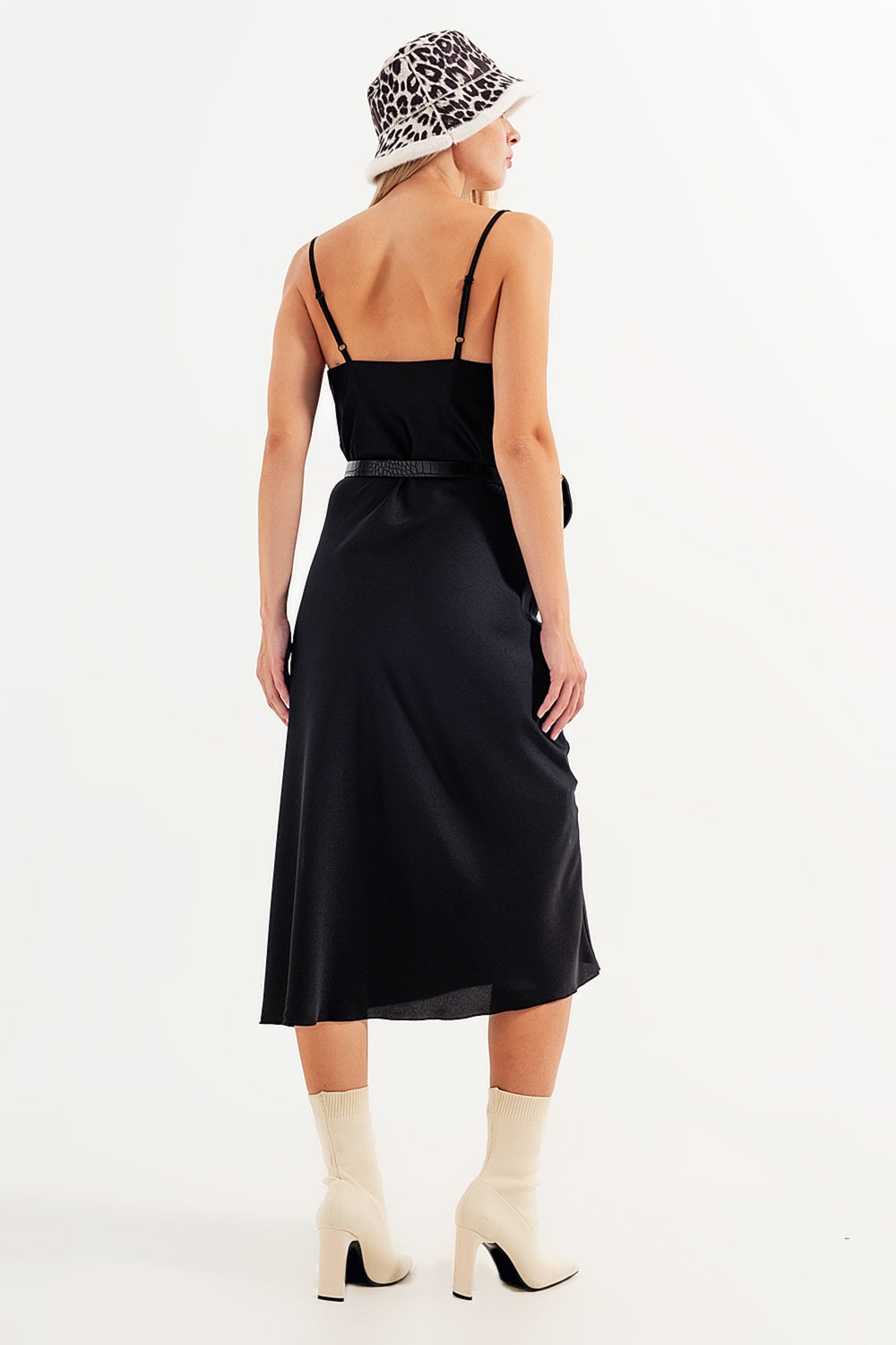 Satin cami strap midi dress in black