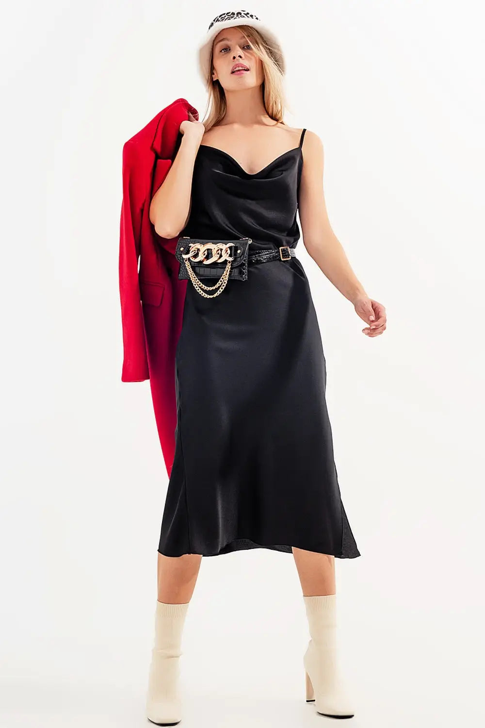 Satin cami strap midi dress in black - Dresses