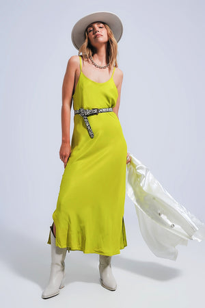 Q2 Satin cami strap midi slip dress in green