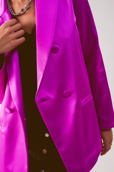Satin double breasted suit blazer in fuchsia