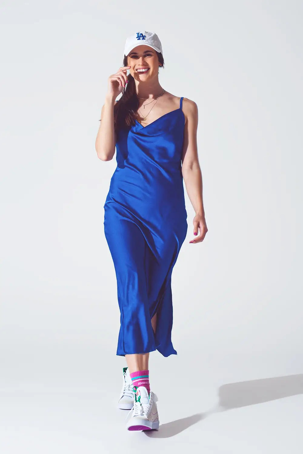Satin Dress with Waterfall Neckline in Blue - Dresses