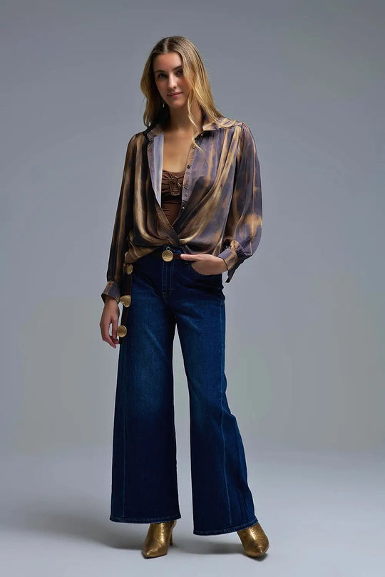 Satin Effect Tie-Dye Shirt with brown and camel Stripes - Shirts