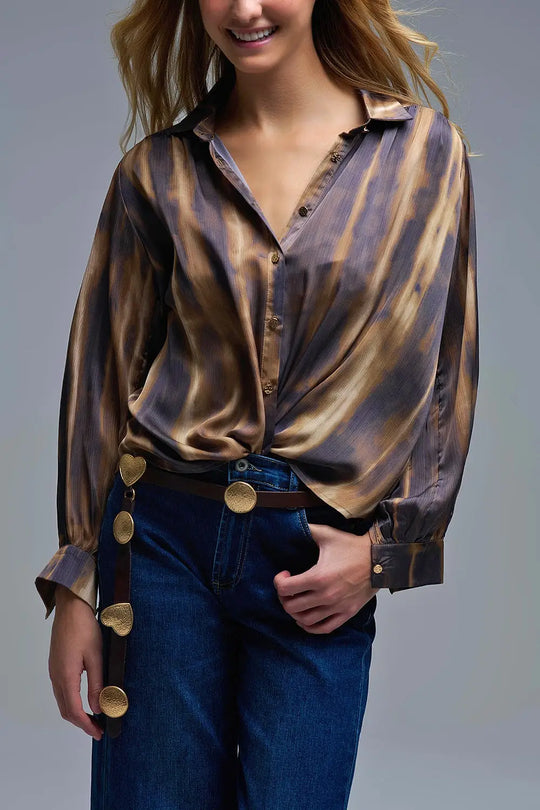 Satin Effect Tie-Dye Shirt with brown and camel Stripes - Shirts