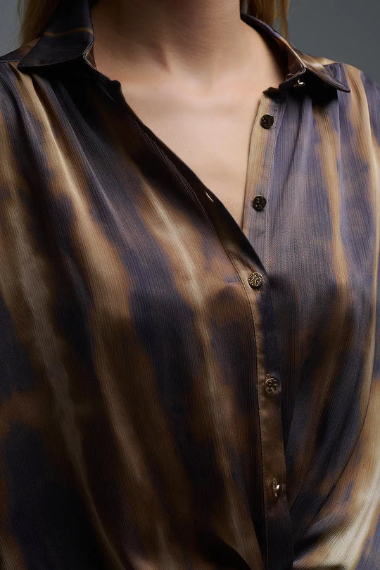 Satin Effect Tie-Dye Shirt with brown and camel Stripes - Shirts