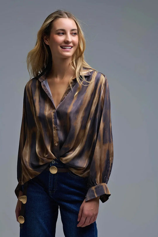 Satin Effect Tie-Dye Shirt with brown and camel Stripes - Shirts