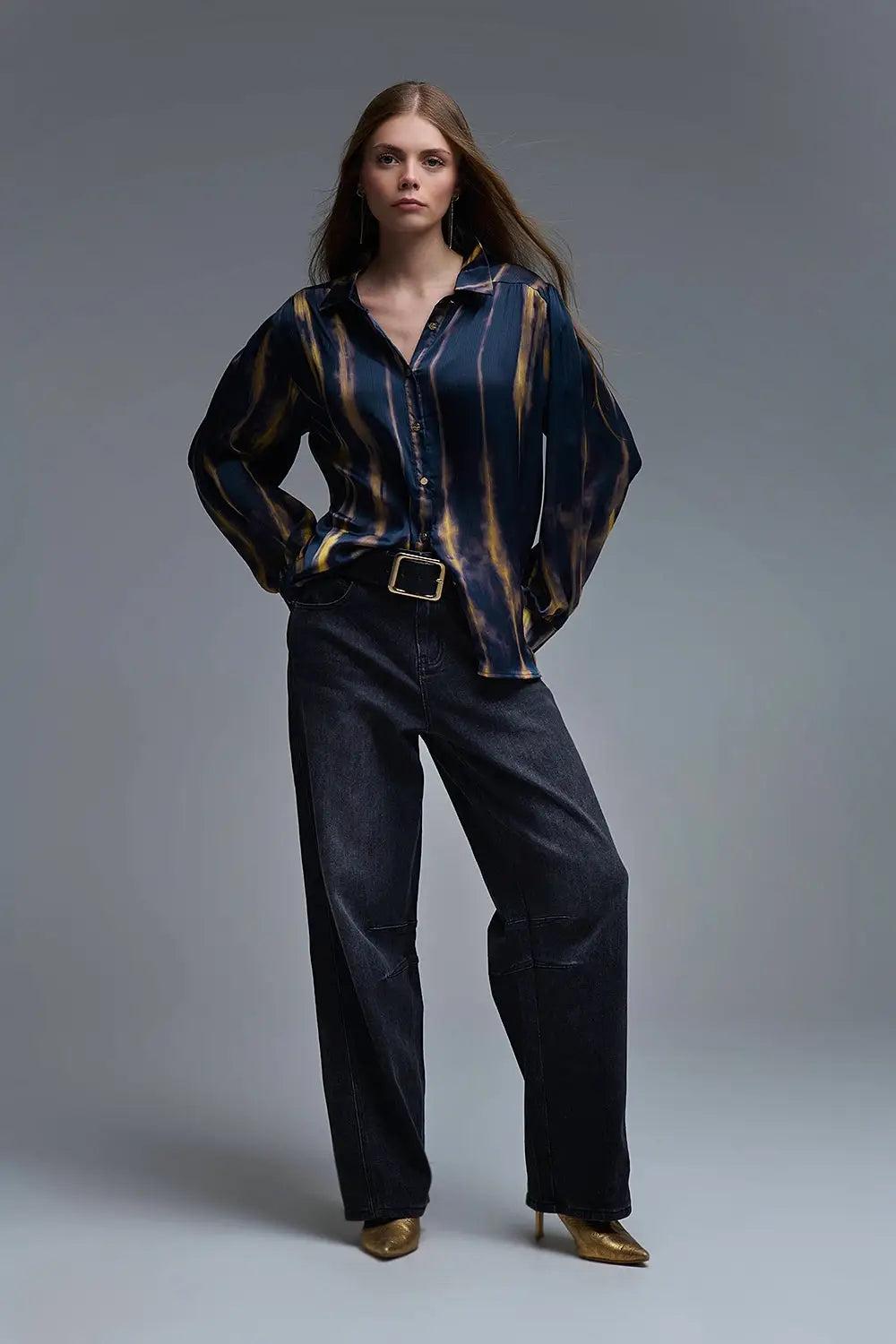 Satin Effect Tie-Dye Shirt with Navy and Ochre Stripes - Shirts